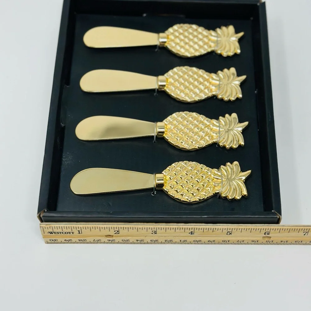 Godinger Pineapple Design Dessert Cheese Spreaders Gold Finish Set of Four w/box